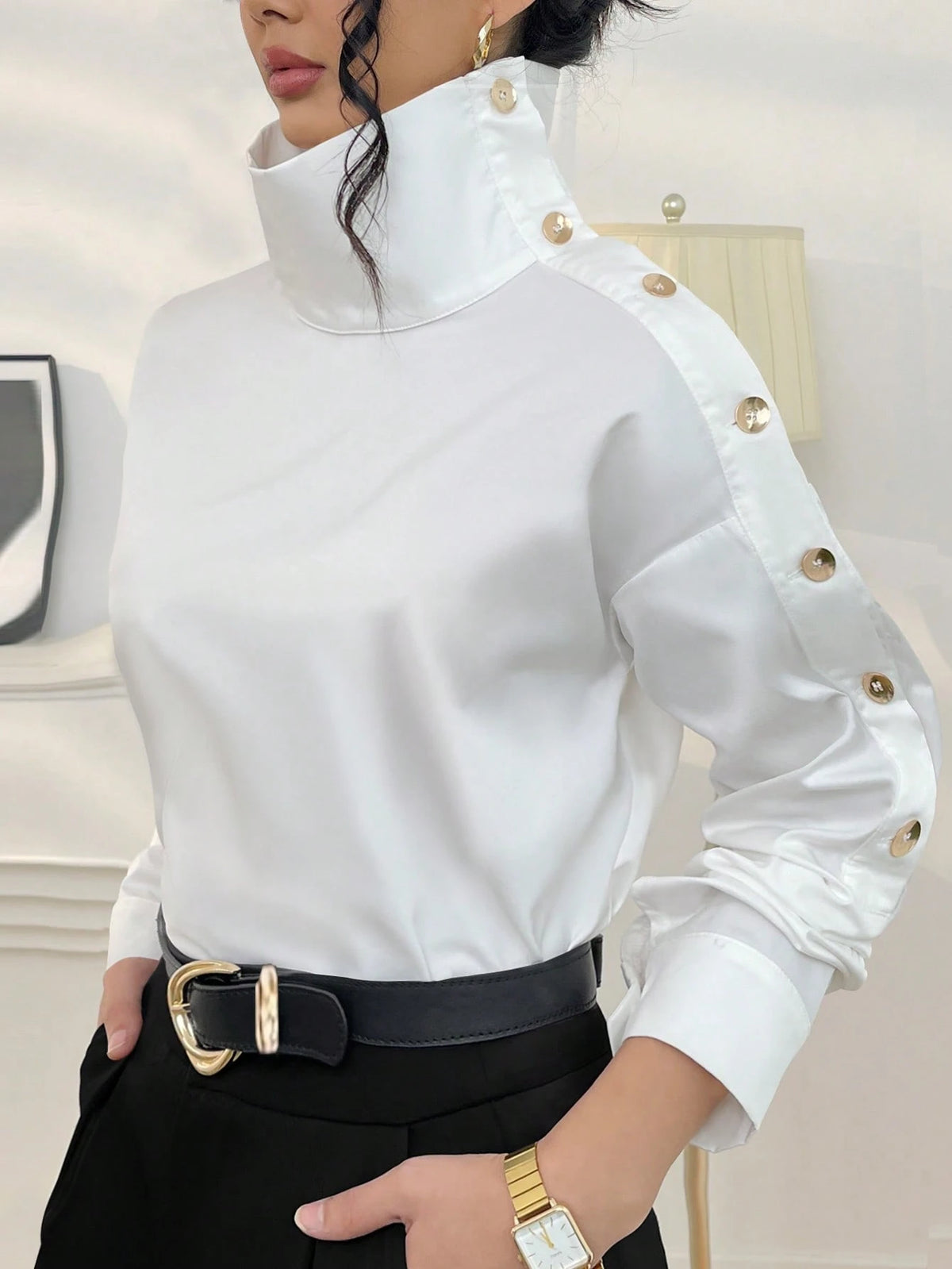 Women's Solid Color Button-Down Long Sleeve Casual Shirt White Spring
