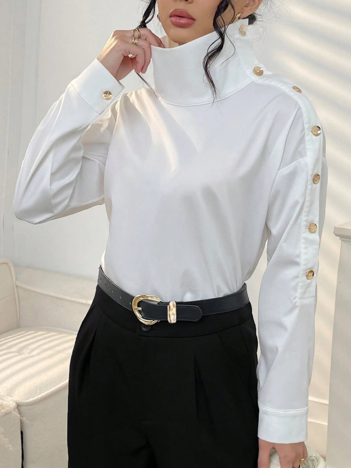 Women's Solid Color Button-Down Long Sleeve Casual Shirt White Spring