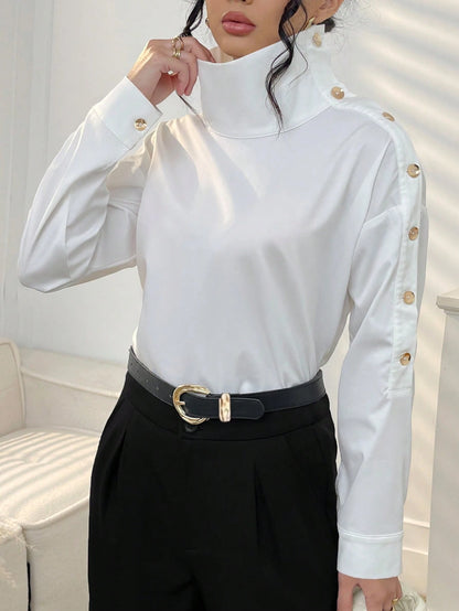 Women's Solid Color Button-Down Long Sleeve Casual Shirt White Spring
