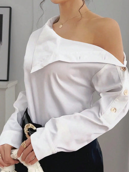 Women's Solid Color Button-Down Long Sleeve Casual Shirt White Spring