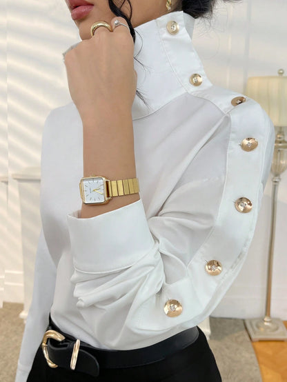 Women's Solid Color Button-Down Long Sleeve Casual Shirt White Spring