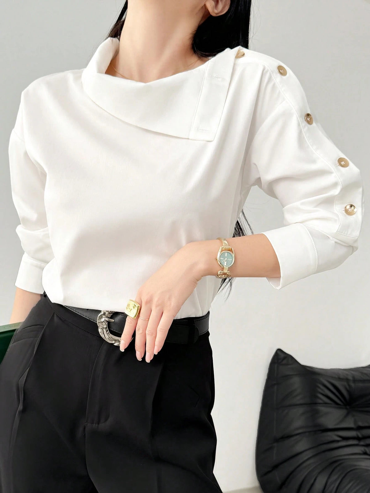Women's Solid Color Button-Down Long Sleeve Casual Shirt White Spring