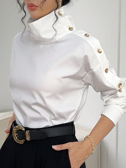 Women's Solid Color Button-Down Long Sleeve Casual Shirt White Spring