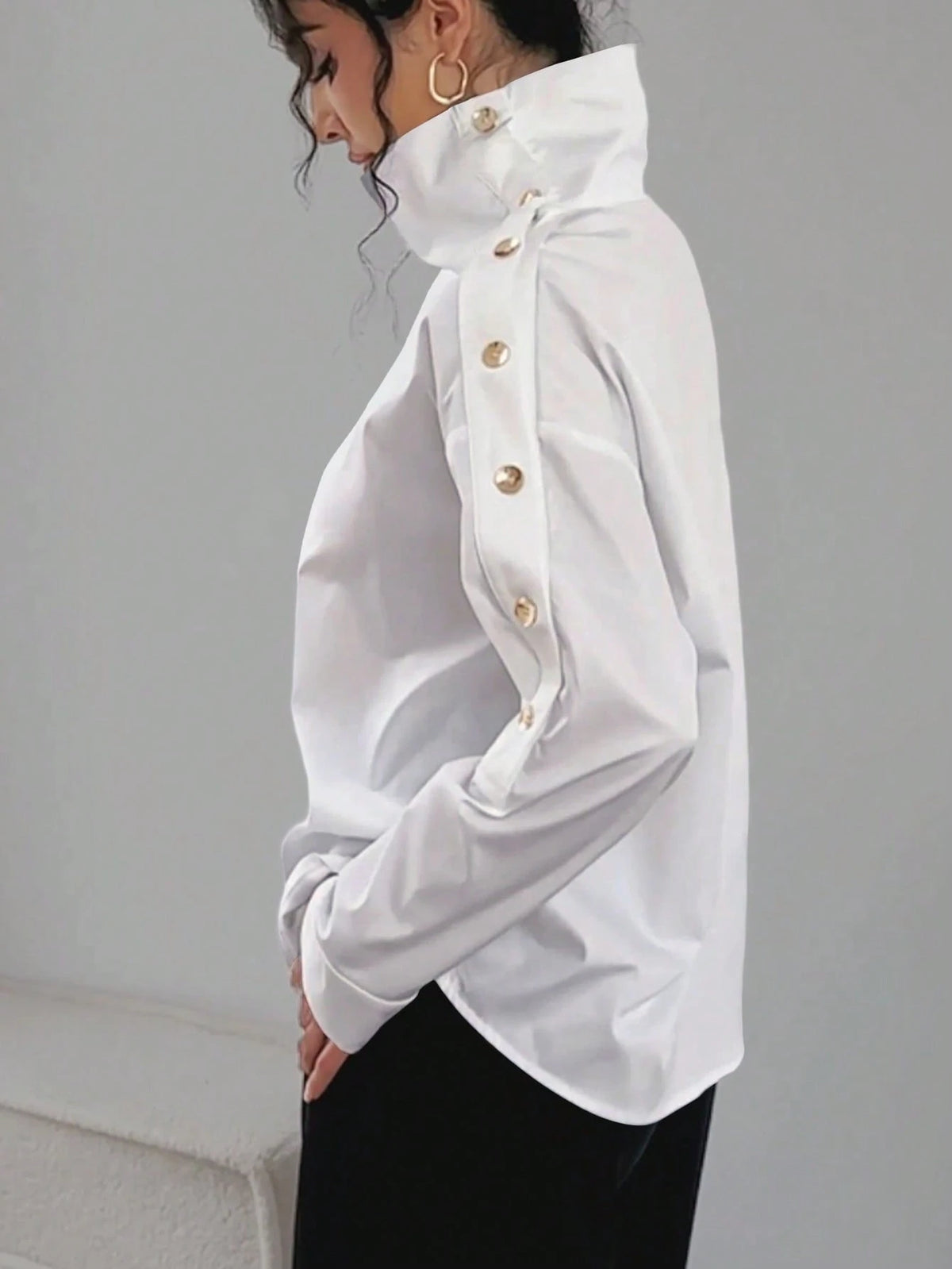 Women's Solid Color Button-Down Long Sleeve Casual Shirt White Spring