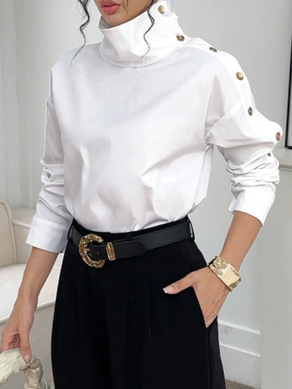Women's Solid Color Button-Down Long Sleeve Casual Shirt White Spring