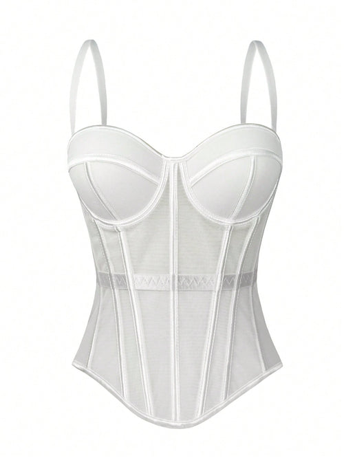 Women's Solid Color Corset-Style Brown Backless Mesh Camisole With Bra, Autumn/Winter Lingerie Casual White Summer