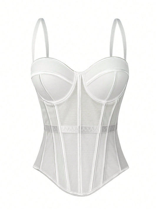 Women's Solid Color Corset-Style Brown Backless Mesh Camisole With Bra, Autumn/Winter Lingerie Casual White Summer