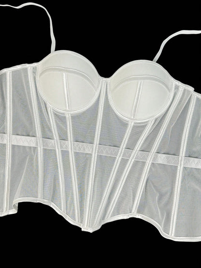 Women's Solid Color Corset-Style Brown Backless Mesh Camisole With Bra, Autumn/Winter Lingerie Casual White Summer