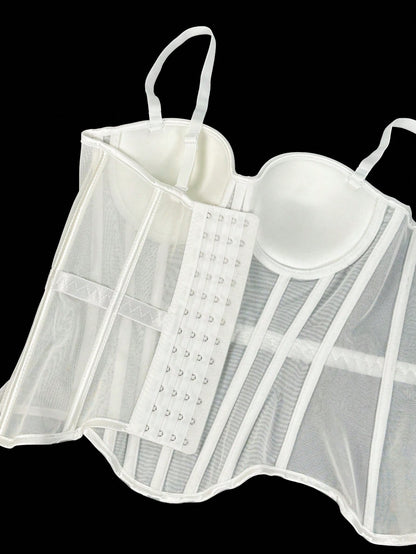 Women's Solid Color Corset-Style Brown Backless Mesh Camisole With Bra, Autumn/Winter Lingerie Casual White Summer