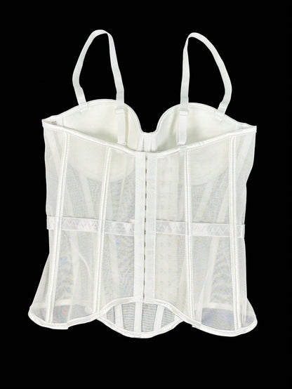 Women's Solid Color Corset-Style Brown Backless Mesh Camisole With Bra, Autumn/Winter Lingerie Casual White Summer