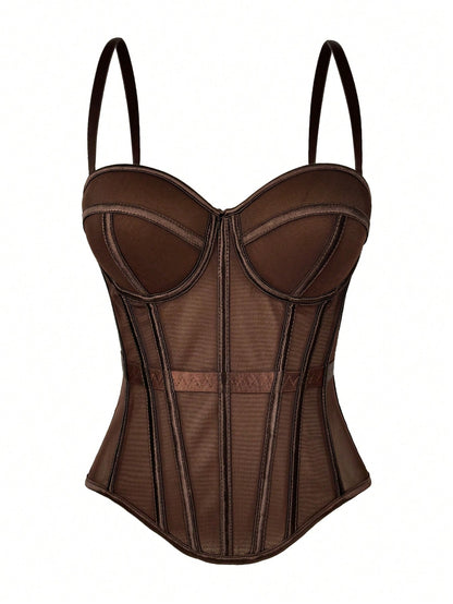 Women's Solid Color Corset-Style Brown Backless Mesh Camisole With Bra, Autumn/Winter Lingerie Casual White Summer