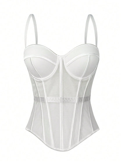 Women's Solid Color Corset-Style Brown Backless Mesh Camisole With Bra, Autumn/Winter Lingerie Casual White Summer
