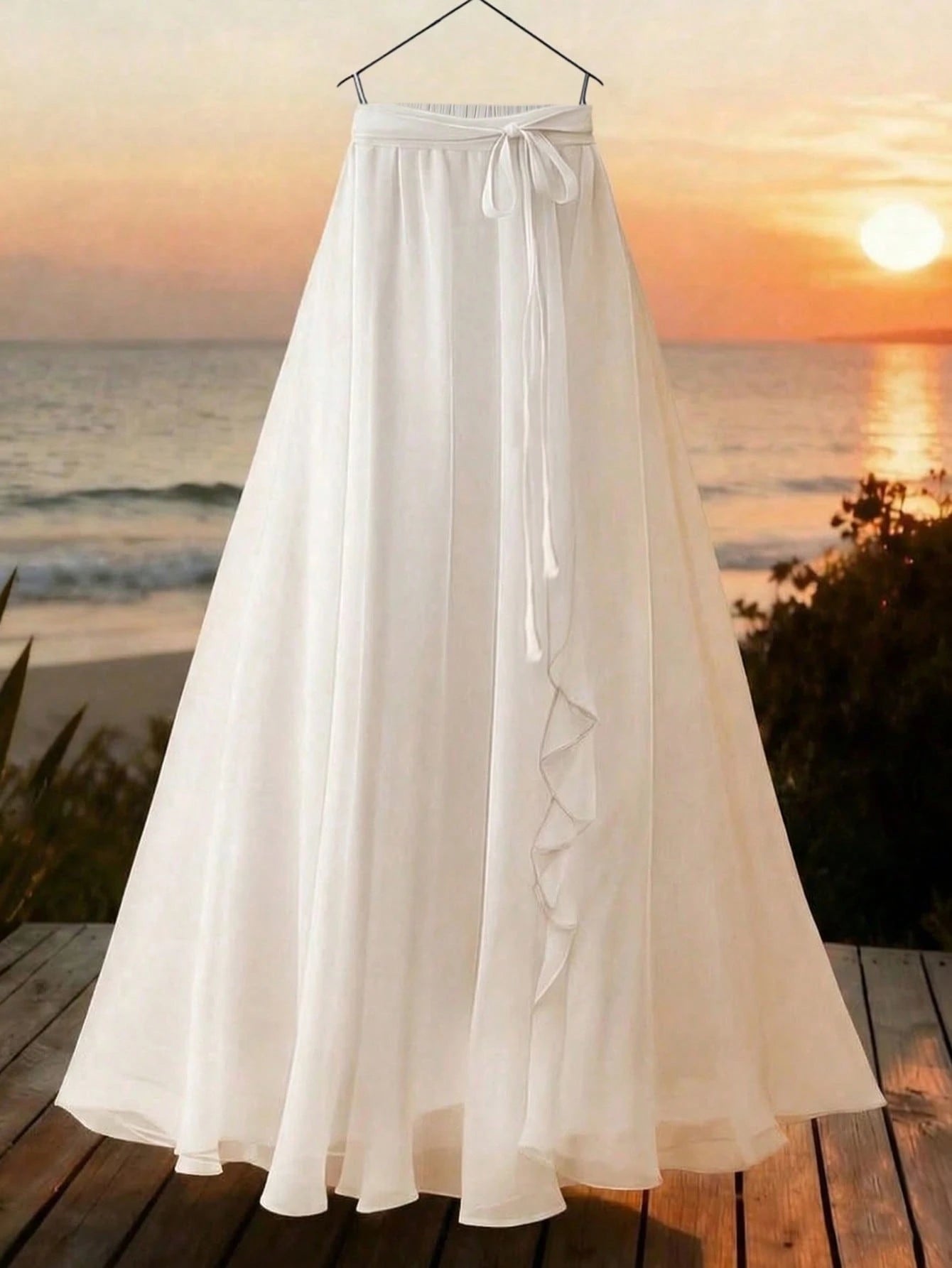Women's Solid Color Elegant Floral Lace/Ruffle Waist Tie Draped Maxi A-Line Skirt White Summer