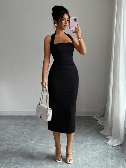 Women's Solid Color Elegant Mid-Length Dress, Suitable For Vacation, Daily Gatherings, Dates And Other Occasions Summer Black, Chic & Elegant
