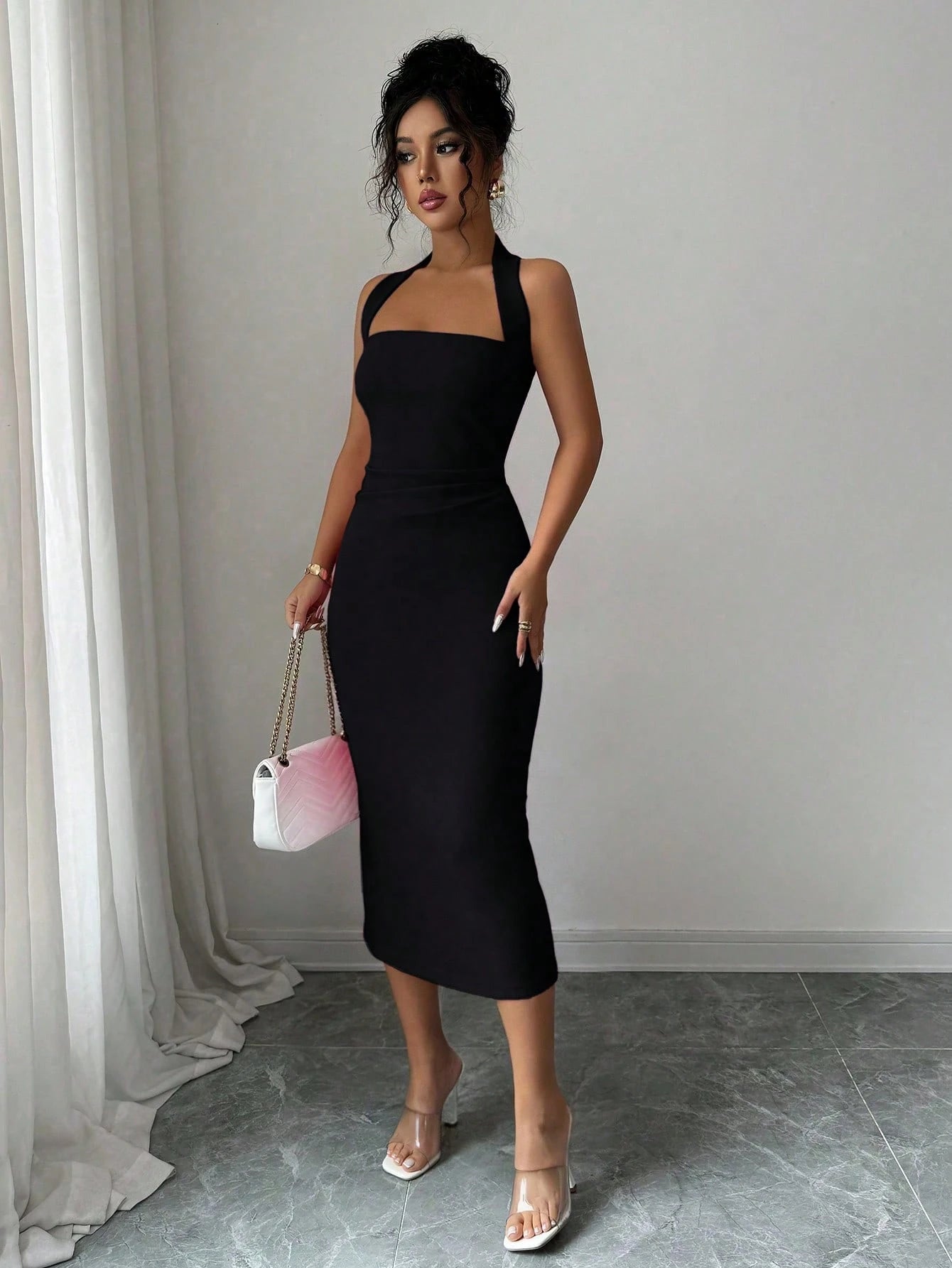 Women's Solid Color Elegant Mid-Length Dress, Suitable For Vacation, Daily Gatherings, Dates And Other Occasions Summer Black, Chic & Elegant