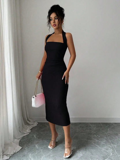 Women's Solid Color Elegant Mid-Length Dress, Suitable For Vacation, Daily Gatherings, Dates And Other Occasions Summer Black, Chic & Elegant