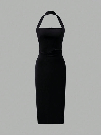 Women's Solid Color Elegant Mid-Length Dress, Suitable For Vacation, Daily Gatherings, Dates And Other Occasions Summer Black, Chic & Elegant