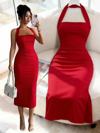 Women's Solid Color Elegant Mid-Length Dress, Suitable For Vacation, Daily Gatherings, Dates And Other Occasions Summer Black, Chic & Elegant
