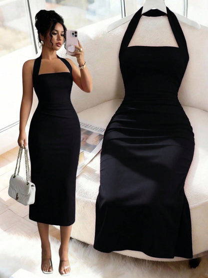 Women's Solid Color Elegant Mid-Length Dress, Suitable For Vacation, Daily Gatherings, Dates And Other Occasions Summer Black, Chic & Elegant