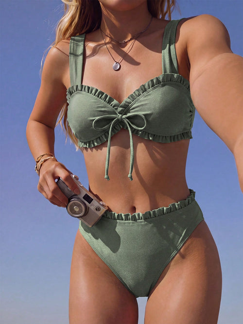 Women's Solid Color Glossy Fabric Lace Flat Chest Thick Shoulder Strap Bikini 2 Pieces Set Vacation Beach