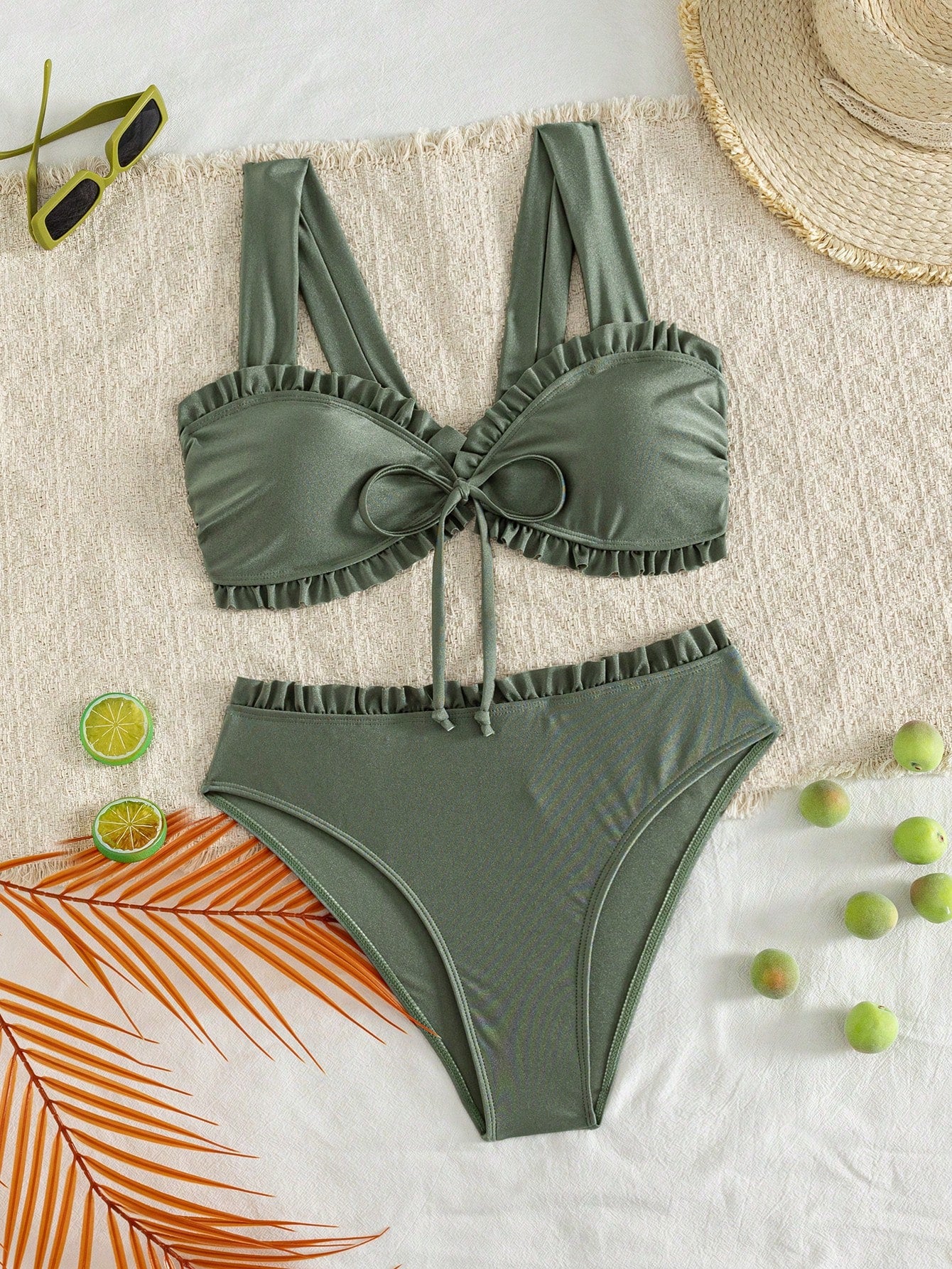 Women's Solid Color Glossy Fabric Lace Flat Chest Thick Shoulder Strap Bikini 2 Pieces Set Vacation Beach