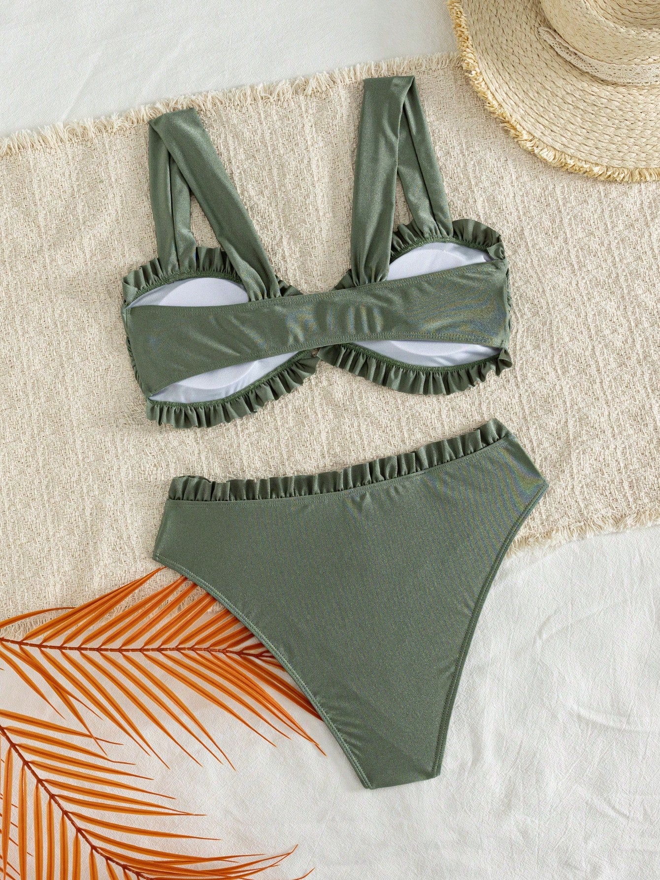 Women's Solid Color Glossy Fabric Lace Flat Chest Thick Shoulder Strap Bikini 2 Pieces Set Vacation Beach