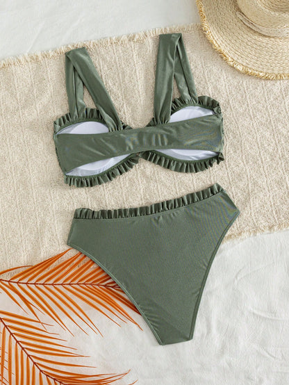 Women's Solid Color Glossy Fabric Lace Flat Chest Thick Shoulder Strap Bikini 2 Pieces Set Vacation Beach
