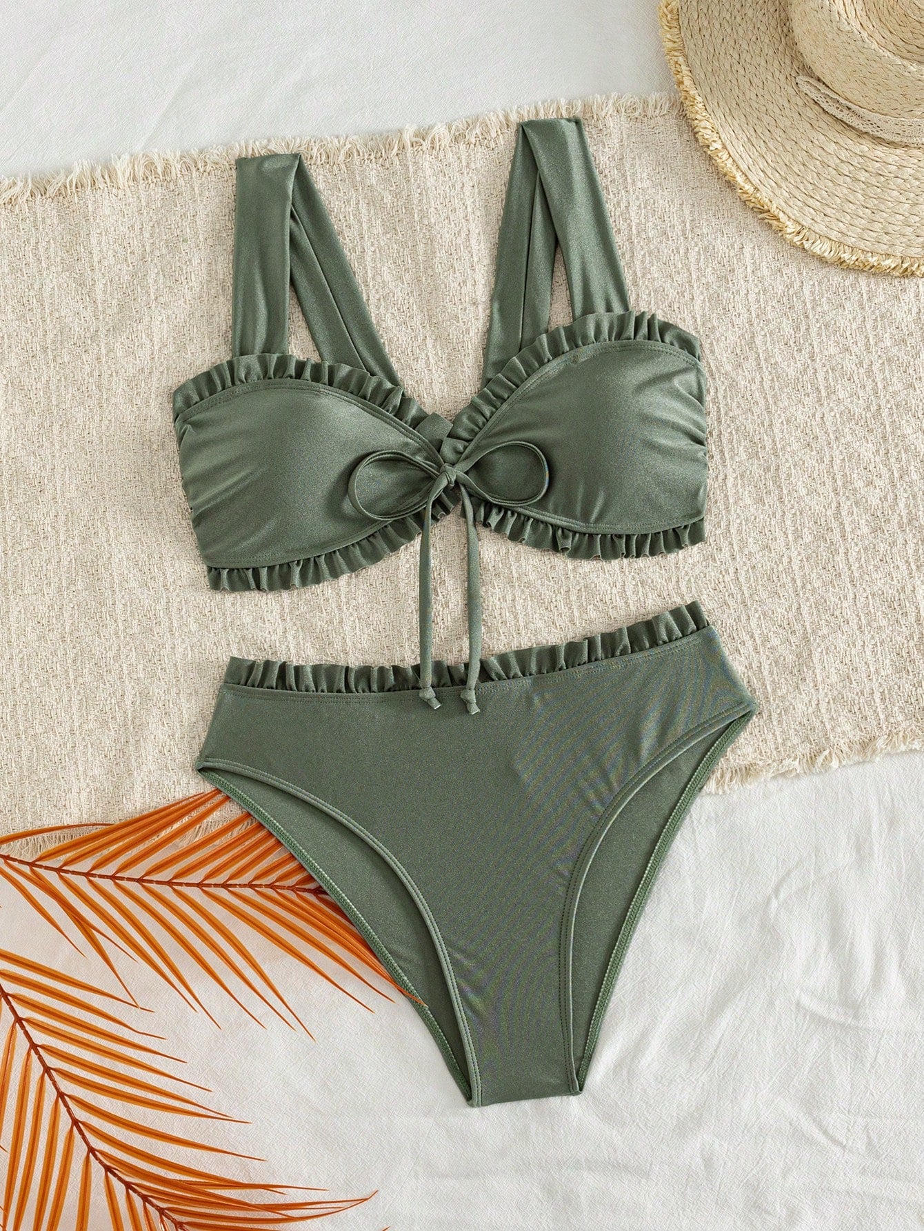 Women's Solid Color Glossy Fabric Lace Flat Chest Thick Shoulder Strap Bikini 2 Pieces Set Vacation Beach