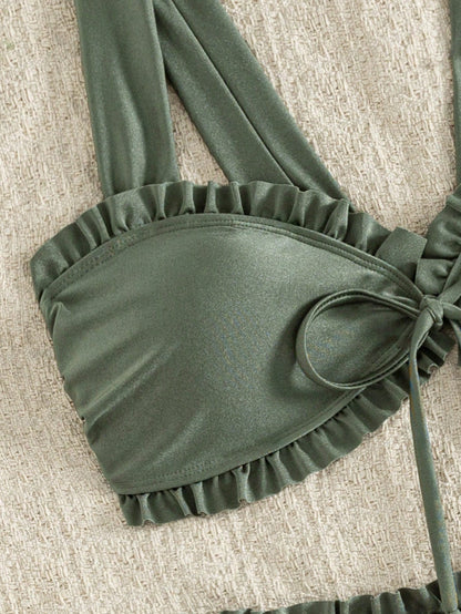 Women's Solid Color Glossy Fabric Lace Flat Chest Thick Shoulder Strap Bikini 2 Pieces Set Vacation Beach