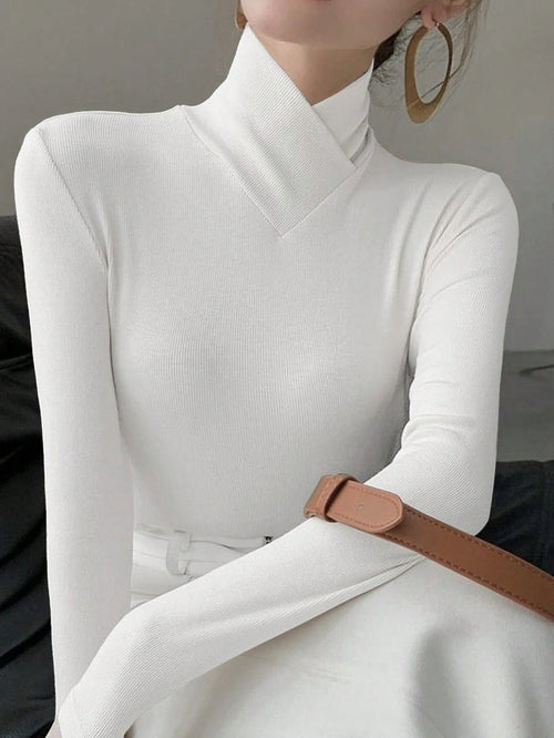 Women's Solid Color Knitted Cross Design Stand Collar Base Layer T-Shirt Top, Office New Year Style, Autumn/Winter New Arrival Casual White