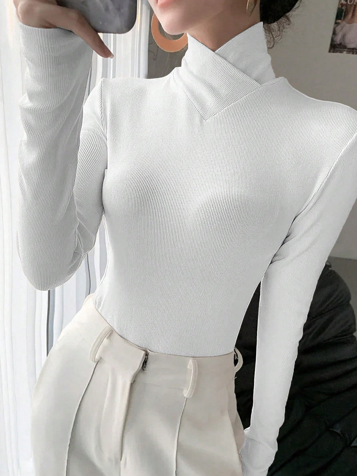 Women's Solid Color Knitted Cross Design Stand Collar Base Layer T-Shirt Top, Office New Year Style, Autumn/Winter New Arrival Casual White