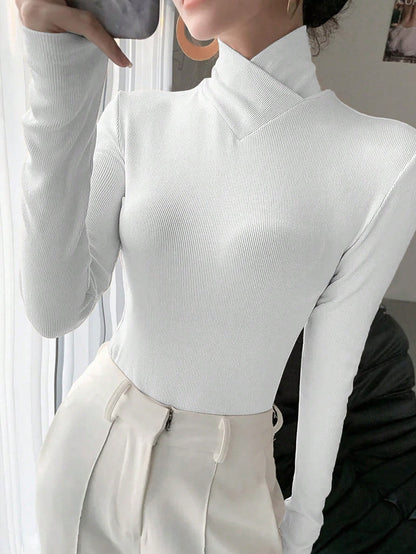 Women's Solid Color Knitted Cross Design Stand Collar Base Layer T-Shirt Top, Office New Year Style, Autumn/Winter New Arrival Casual White