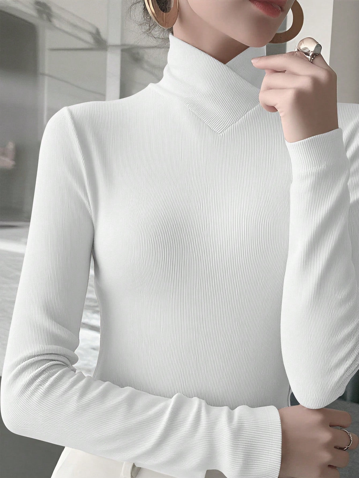 Women's Solid Color Knitted Cross Design Stand Collar Base Layer T-Shirt Top, Office New Year Style, Autumn/Winter New Arrival Casual White