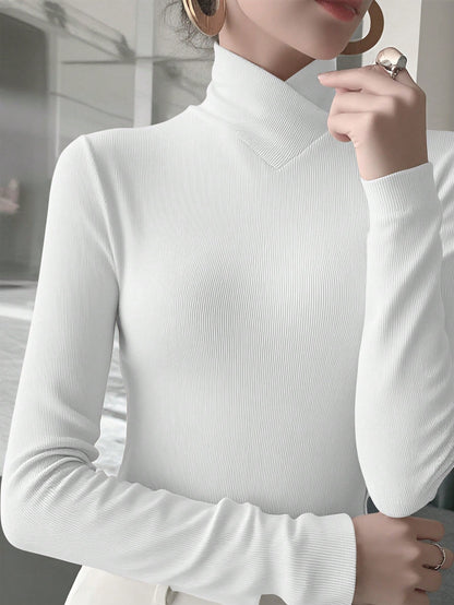 Women's Solid Color Knitted Cross Design Stand Collar Base Layer T-Shirt Top, Office New Year Style, Autumn/Winter New Arrival Casual White