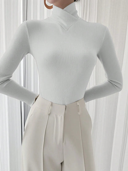 Women's Solid Color Knitted Cross Design Stand Collar Base Layer T-Shirt Top, Office New Year Style, Autumn/Winter New Arrival Casual White