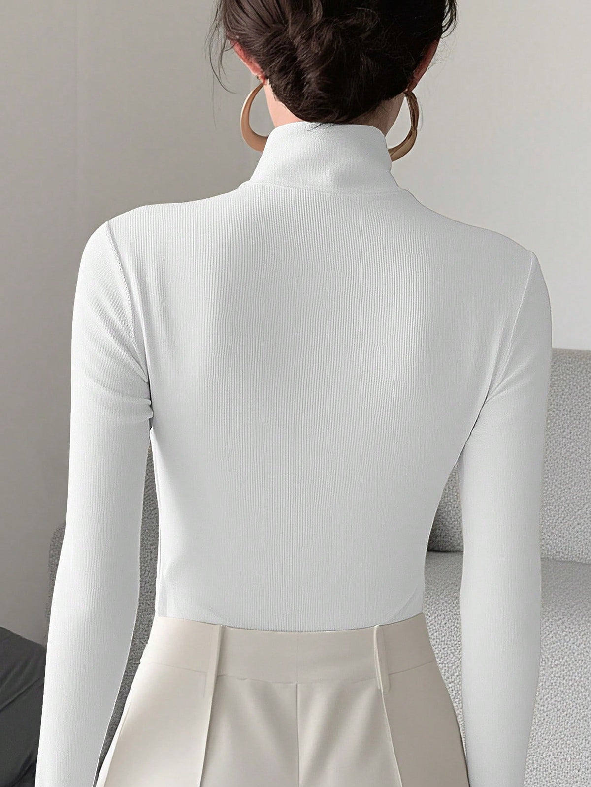 Women's Solid Color Knitted Cross Design Stand Collar Base Layer T-Shirt Top, Office New Year Style, Autumn/Winter New Arrival Casual White