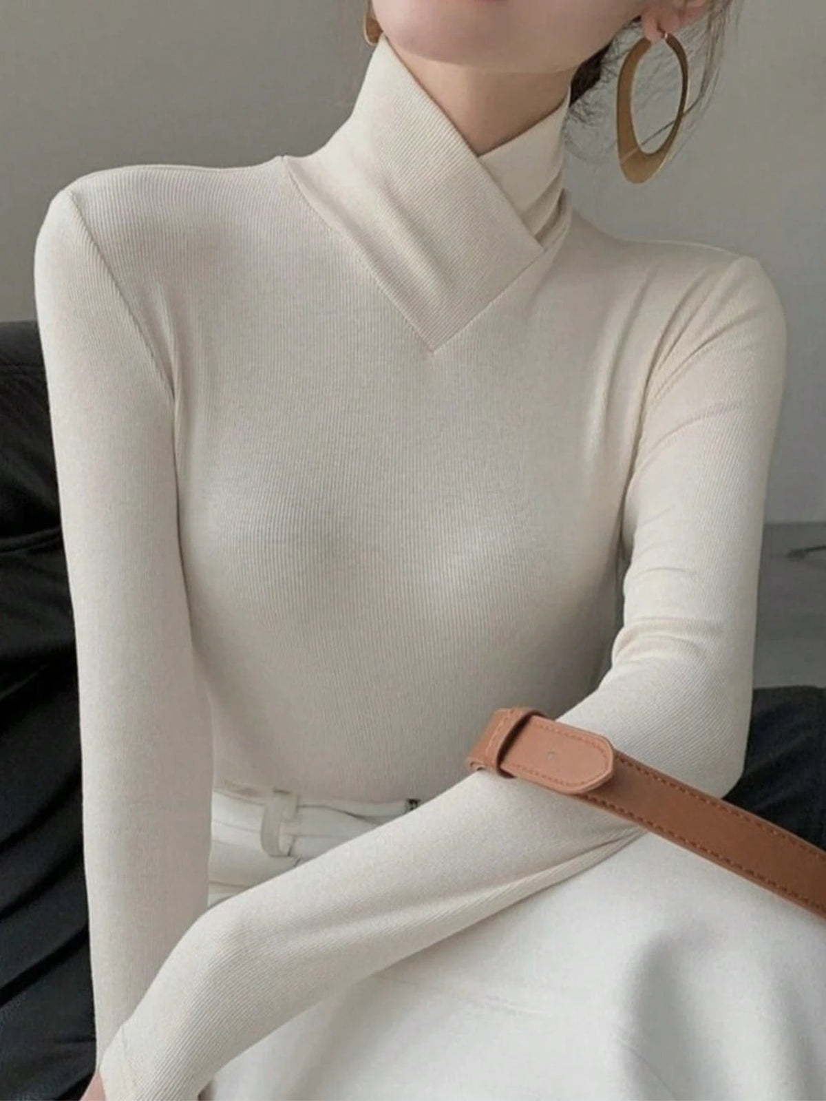 Women's Solid Color Knitted Cross Design Stand Collar Base Layer T-Shirt Top, Office New Year Style, Autumn/Winter New Arrival Casual White