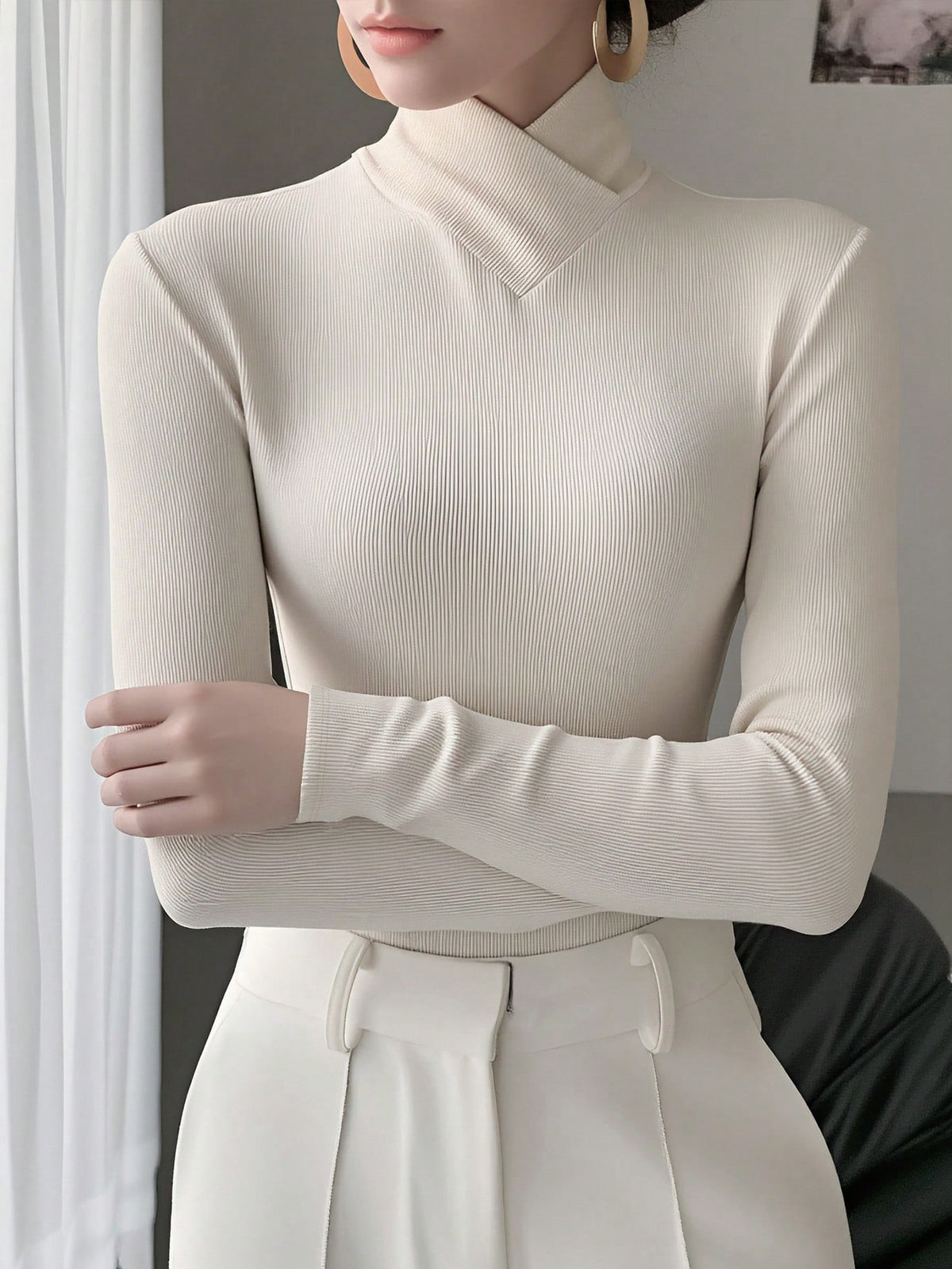 Women's Solid Color Knitted Cross Design Stand Collar Base Layer T-Shirt Top, Office New Year Style, Autumn/Winter New Arrival Casual White