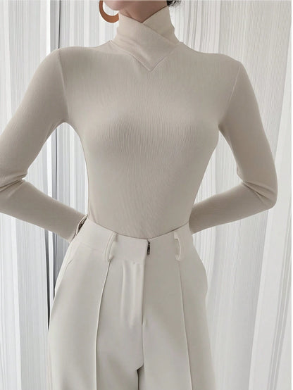 Women's Solid Color Knitted Cross Design Stand Collar Base Layer T-Shirt Top, Office New Year Style, Autumn/Winter New Arrival Casual White
