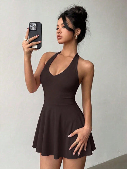 Women's Solid Color Knitted V-Neck Halter Sexy Backless Elegant Vacation Fashion Mini Dress With Safety Pants Party Summer Brown, Date Night