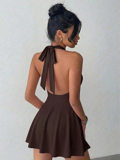 Women's Solid Color Knitted V-Neck Halter Sexy Backless Elegant Vacation Fashion Mini Dress With Safety Pants Party Summer Brown, Date Night