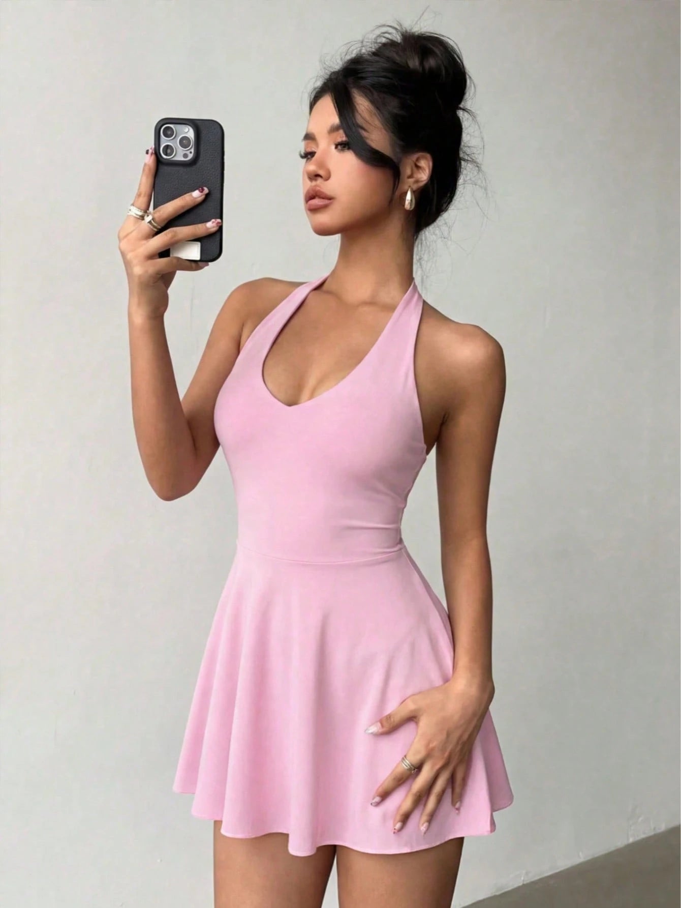 Women's Solid Color Knitted V-Neck Halter Sexy Backless Elegant Vacation Fashion Mini Dress With Safety Pants Party Summer Brown, Date Night