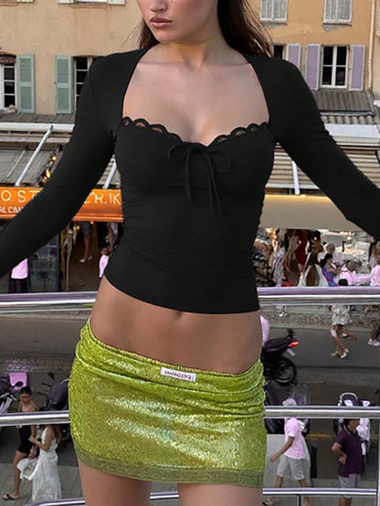 Women's Solid Color Lace Crew Neck Top, Sexy Fitted Fashionable Top, Unique Street Casual Party Wear Black Spring