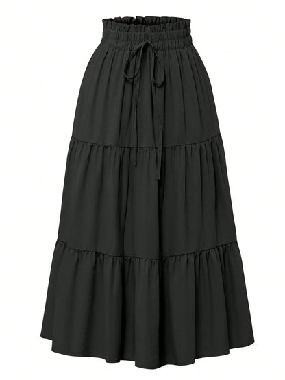Women's Solid Color Layered Pleated Elastic Waist Vacation Skirt Black Spring