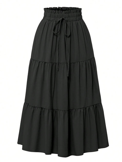 Women's Solid Color Layered Pleated Elastic Waist Vacation Skirt Black Spring