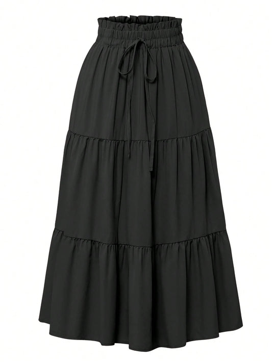 Women's Solid Color Layered Pleated Elastic Waist Vacation Skirt Black Spring