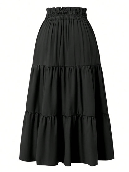 Women's Solid Color Layered Pleated Elastic Waist Vacation Skirt Black Spring