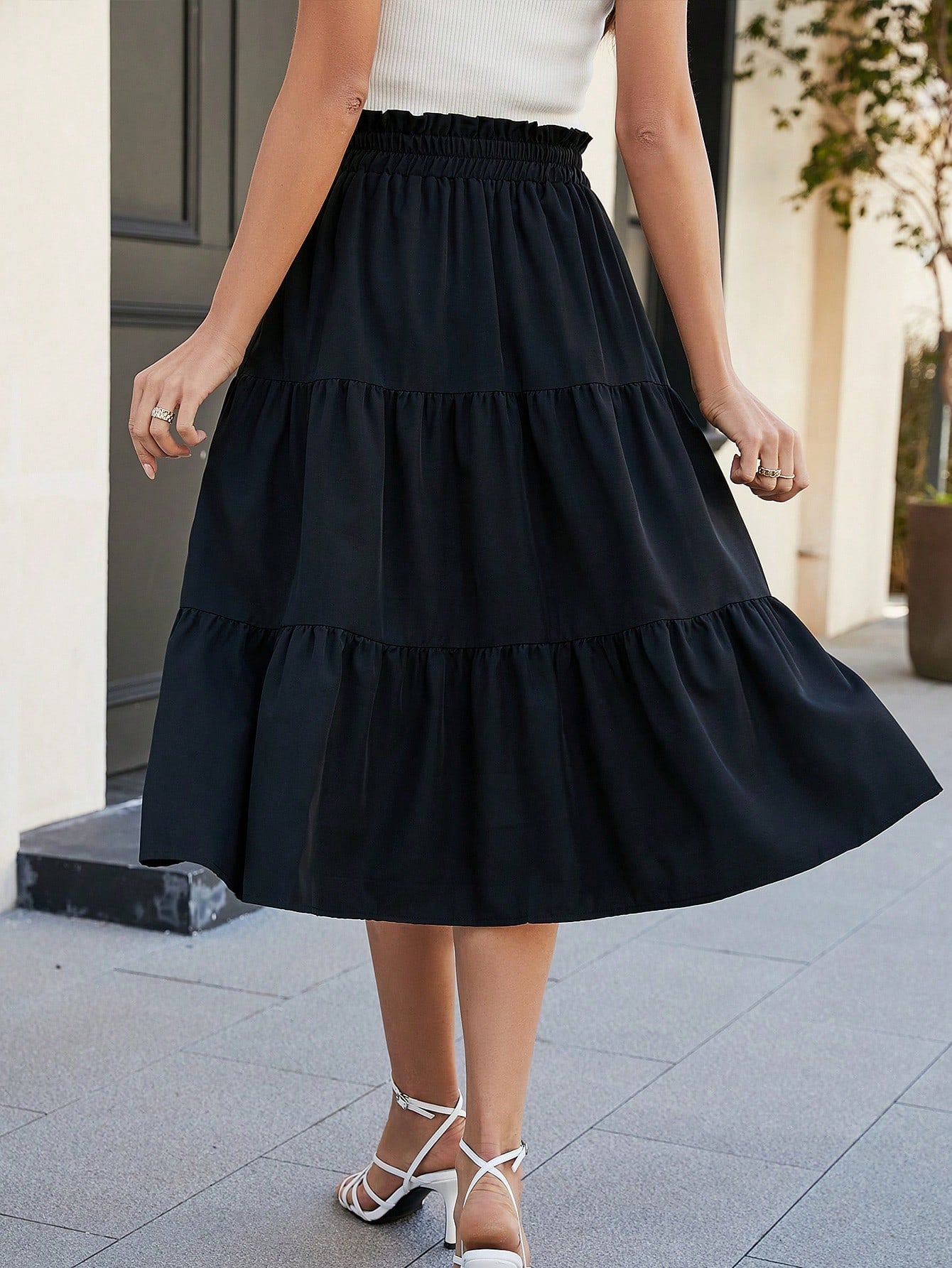 Women's Solid Color Layered Pleated Elastic Waist Vacation Skirt Black Spring