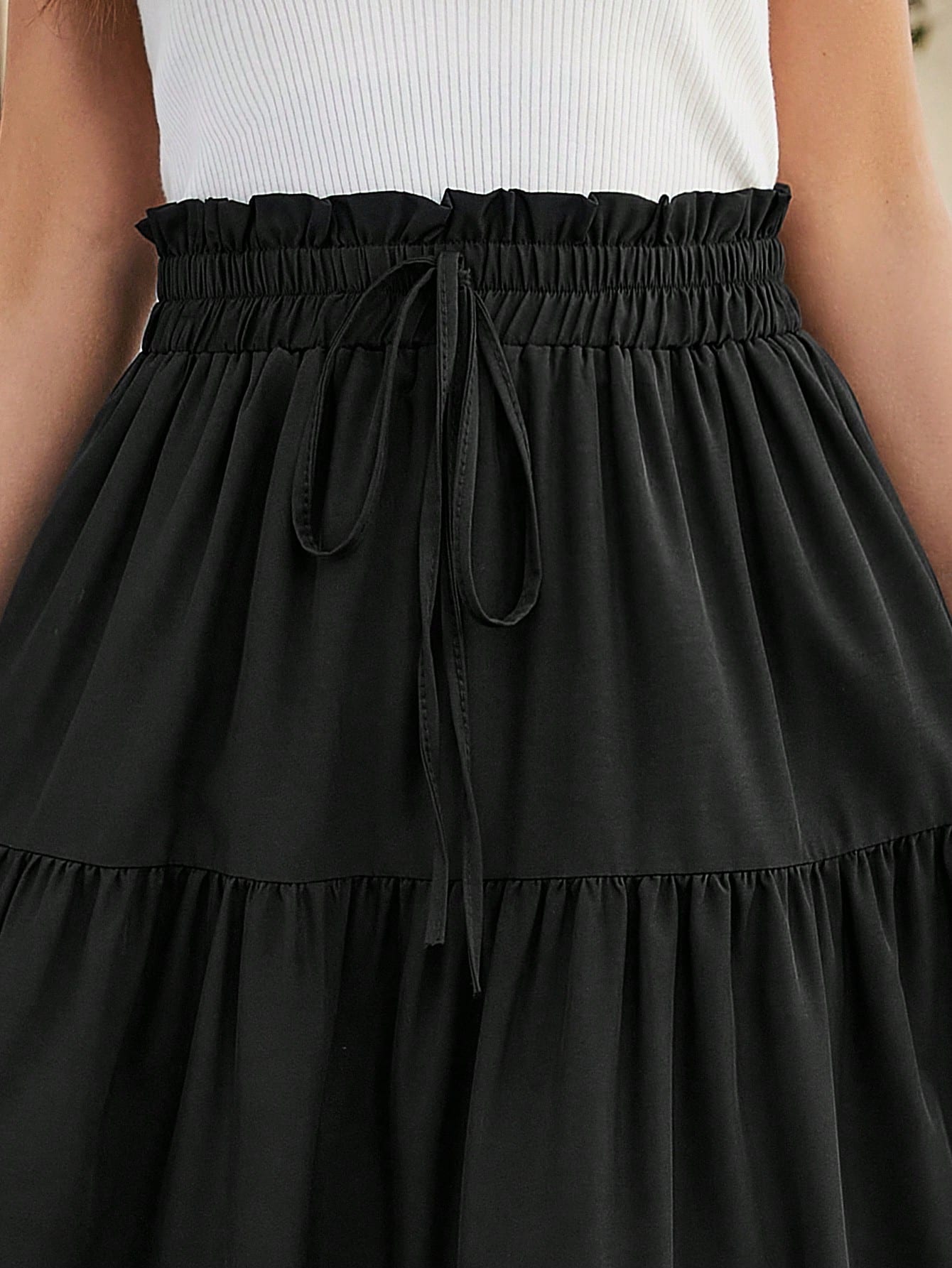 Women's Solid Color Layered Pleated Elastic Waist Vacation Skirt Black Spring