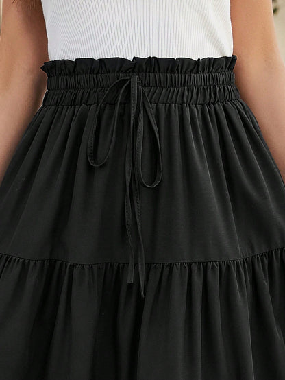 Women's Solid Color Layered Pleated Elastic Waist Vacation Skirt Black Spring